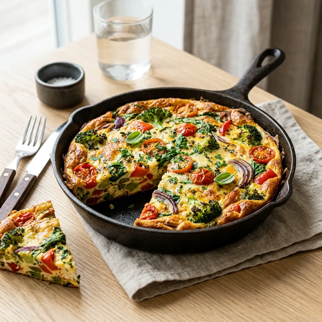 En lækker og farverig frittata med grøntsager serveret på en tallerken klar til at spise