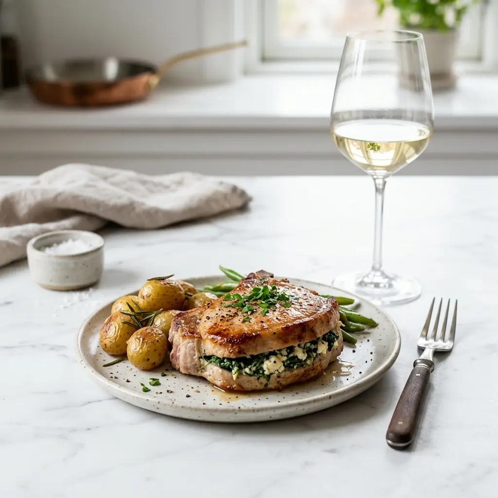 En lækker anretning af saftige fyldte koteletter serveret med tilbehør på en flot middagstallerken