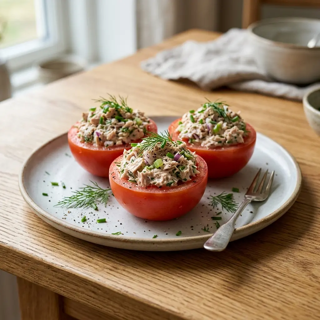 En tallerken med friske fyldte tomater med tunsalat klar til servering som en let frokostret