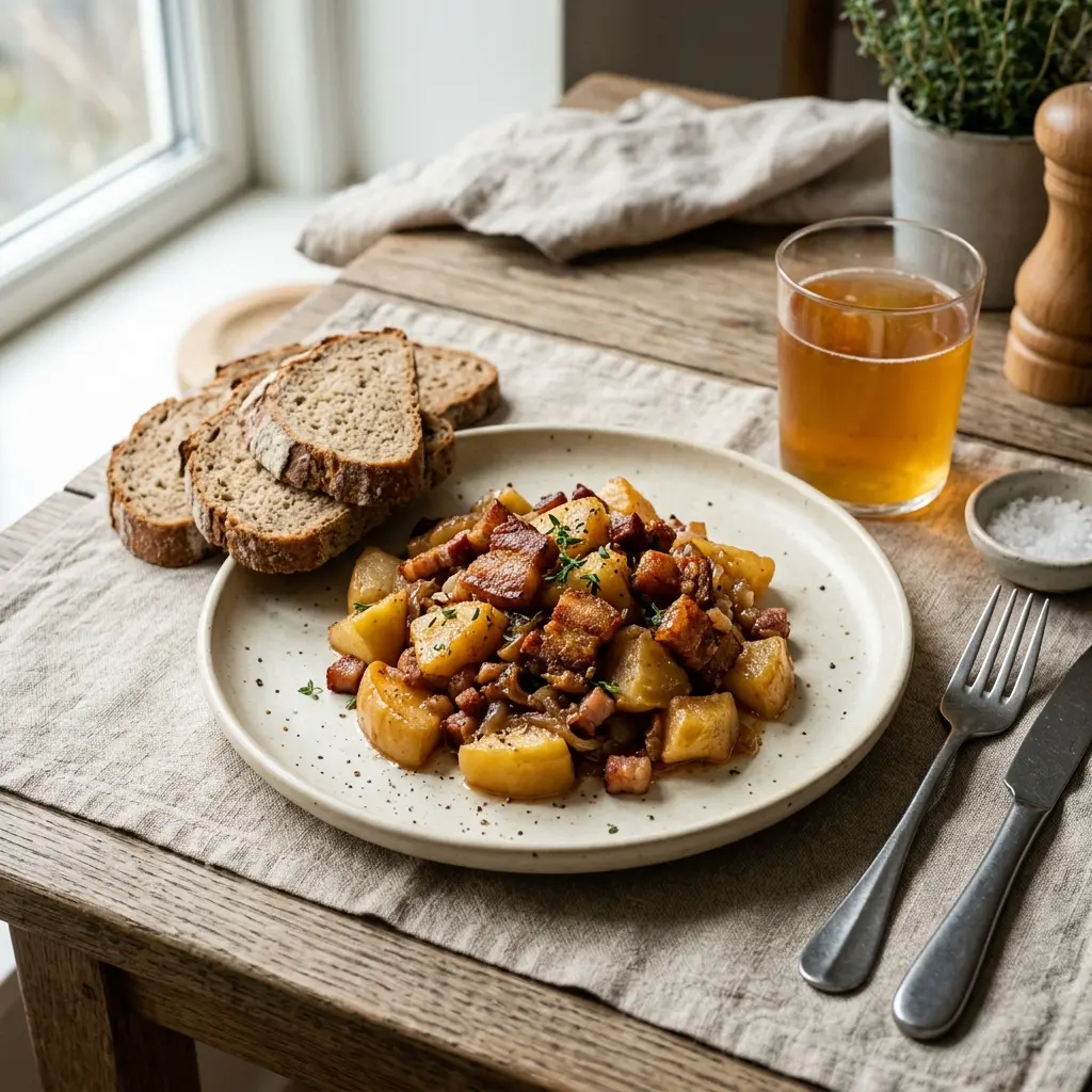 En tallerken med lækkert gammeldags æbleflæsk serveret med sprødstegt flæsk og bløde æbler