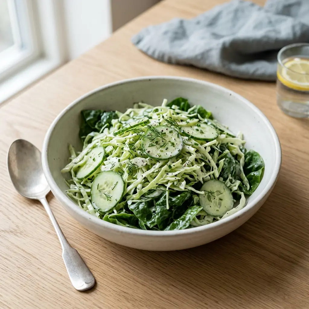 En skål med sprød gammeldags mormorsalat anrettet med en cremet dressing og friske krydderurter