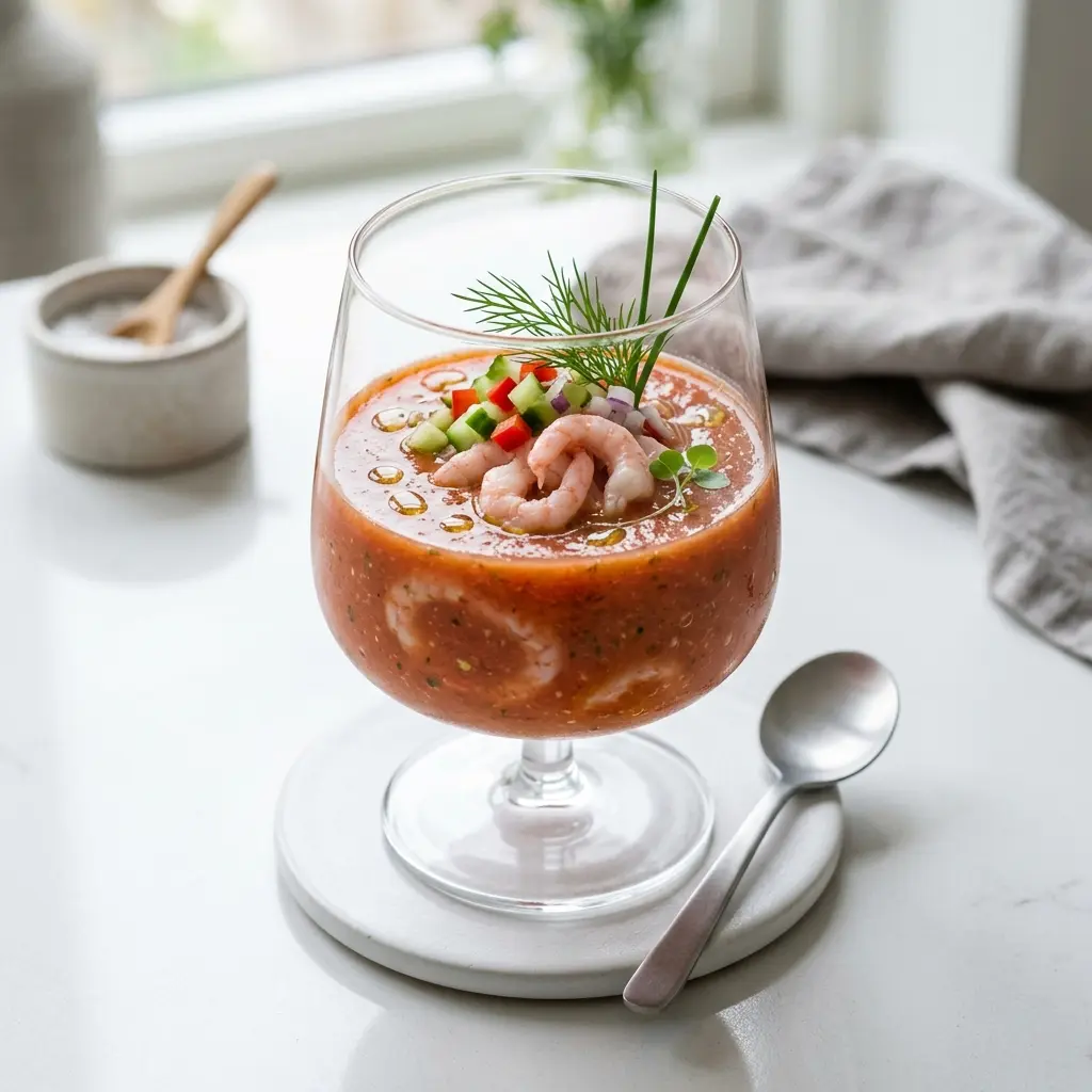 En frisk og kold gazpacho med rejer serveret i en dyb tallerken som en forret