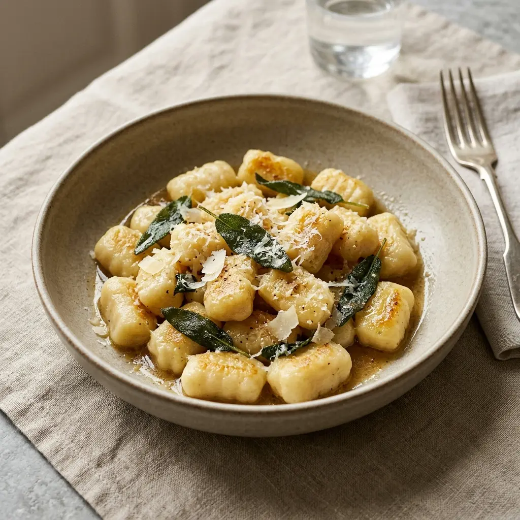 En tallerken med hjemmelavet gnocchi med salviesmør pyntet med friske salvieblade og revet parmesanost