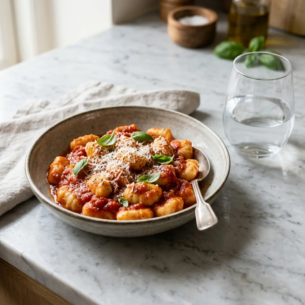 En lækker tallerken med hjemmelavet gnocchi med tomatsovs toppet med frisk basilikum og revet parmesanost