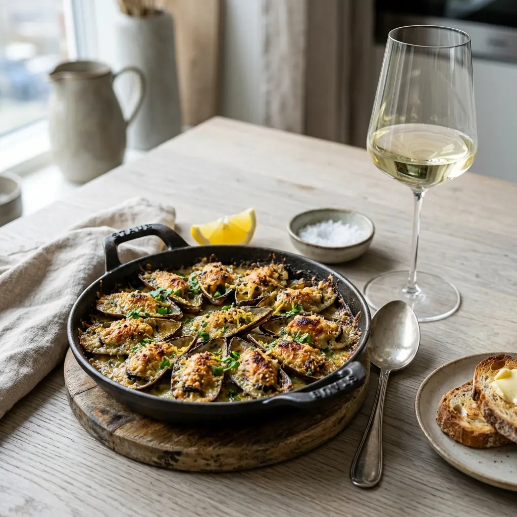 En lækker tallerken med gratinerede blaamuslinger toppet med sprødt rasp og friske krydderurter klar til servering