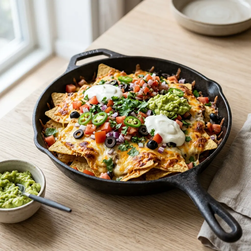 En lækker tallerken med hjemmelavede gratinerede nachos toppet med smeltet ost og friske grøntsager