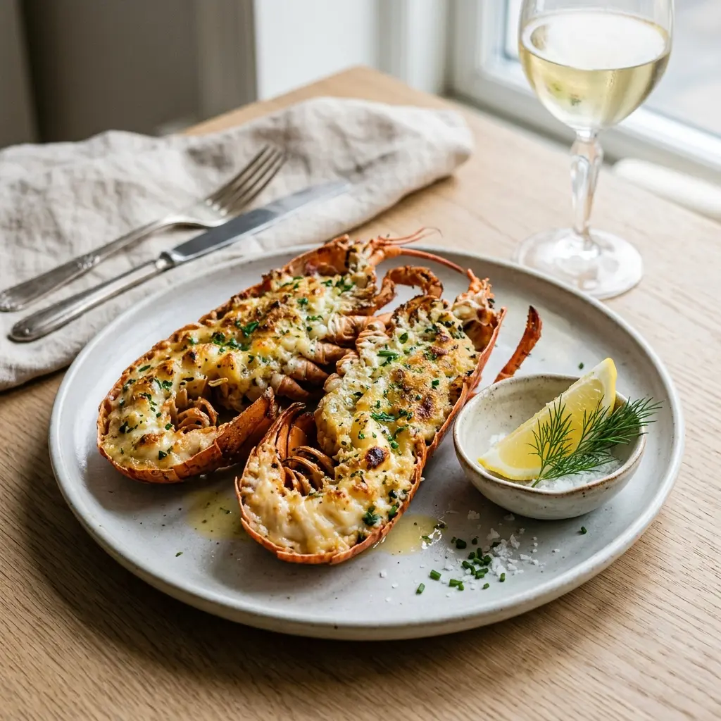 En lækker og veltilberedt gratineret hummer serveret på en elegant tallerken klar til servering
