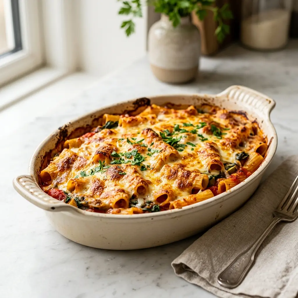 En lækker gratineret pasta i ovn med en gylden og sprød overflade af smeltet ost