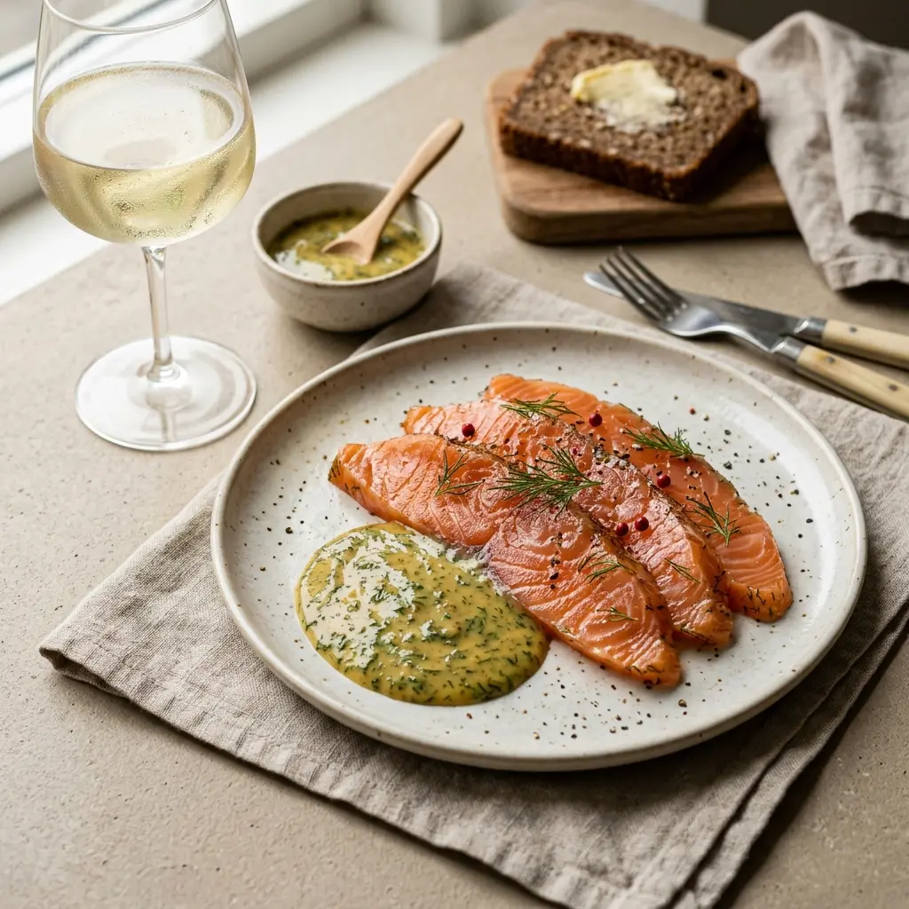 En lækker anretning af gravad laks med rævesovs serveret på en flot tallerken klar til servering