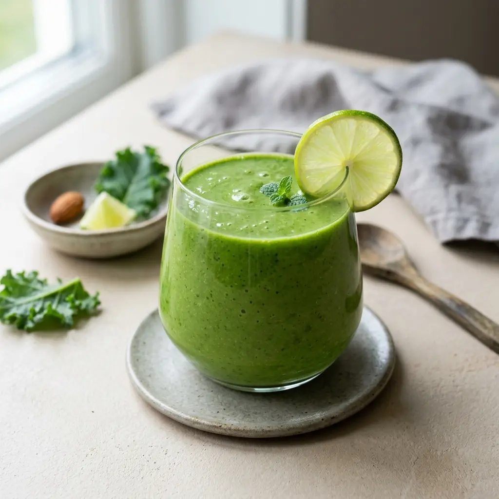 Et glas med en frisk og sund greenie toppet med lidt grønt til servering