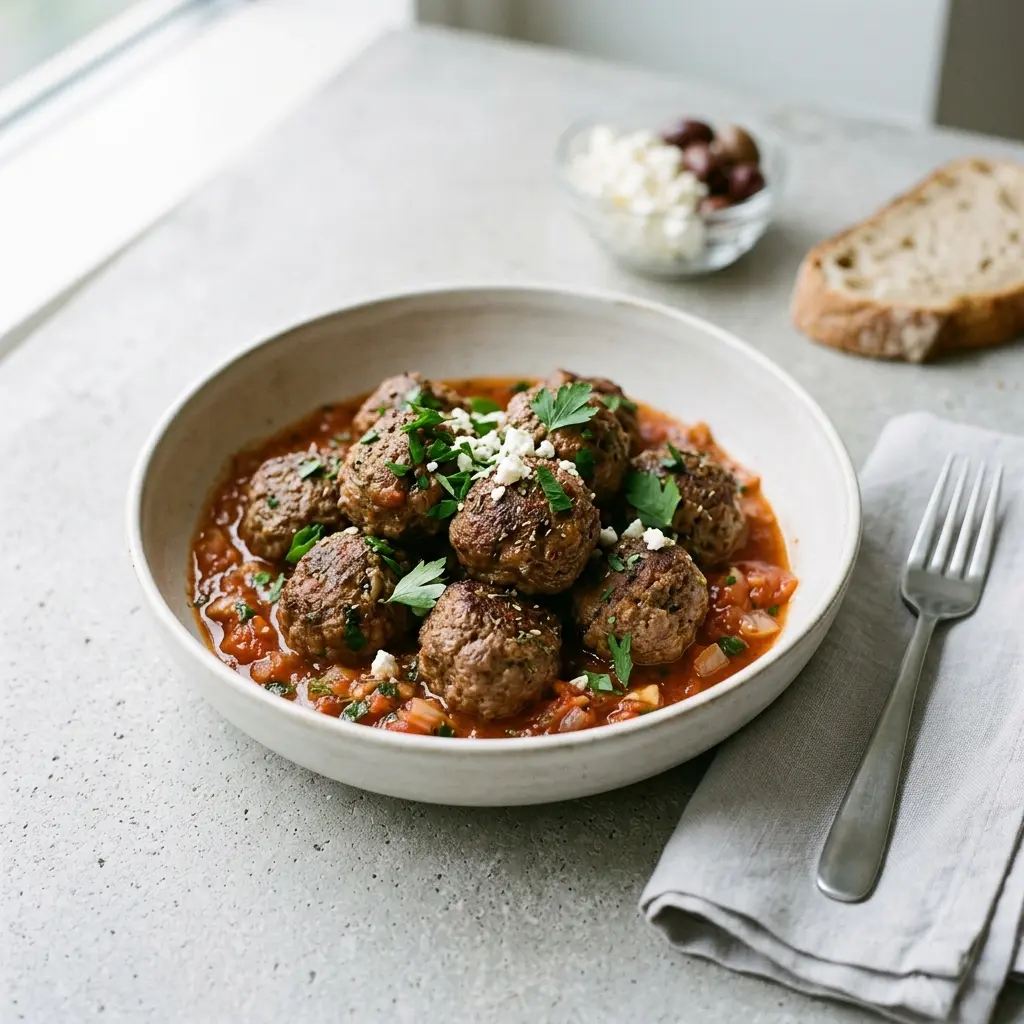 En tallerken med lækre greske kødboller serveret med friske krydderurter og en cremet tzatziki tilbehør