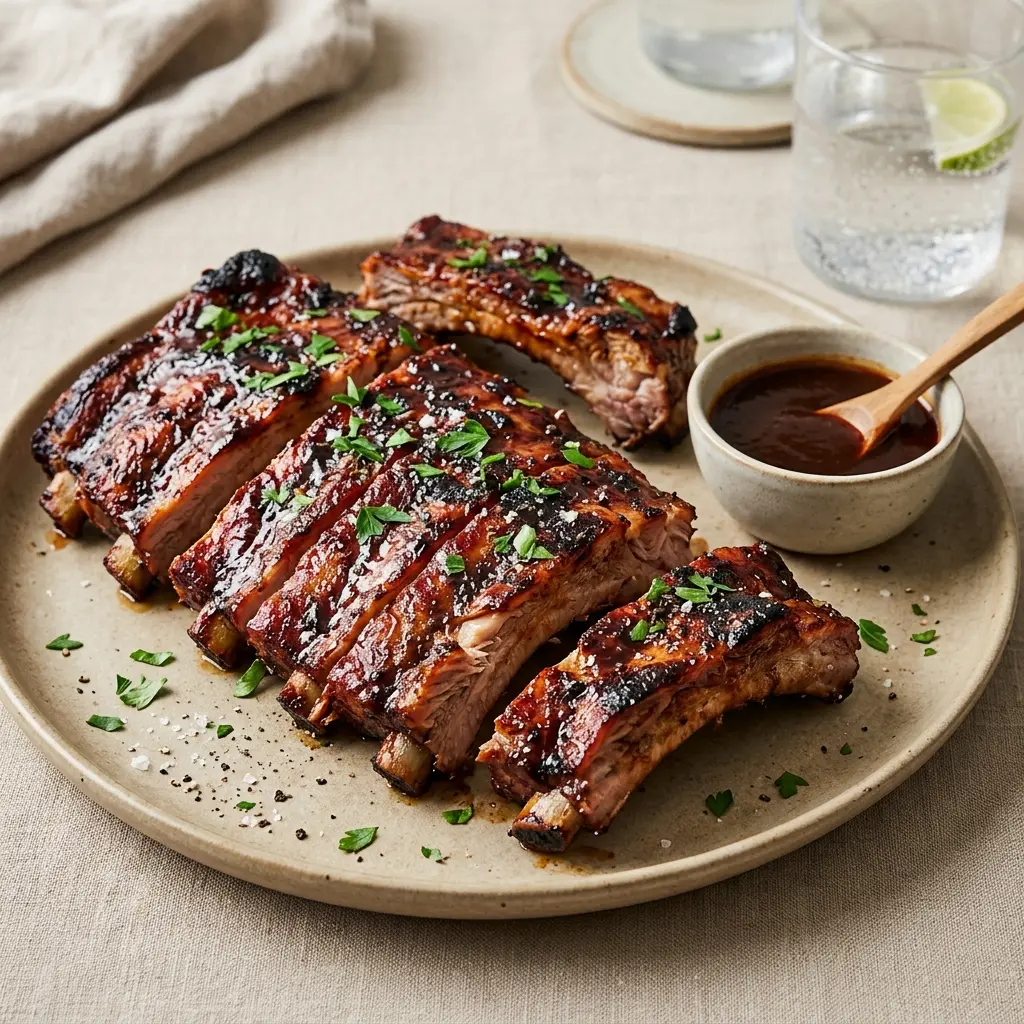 Et fad med saftige grillede ben der er penslet med en smagfuld og klistret marinade