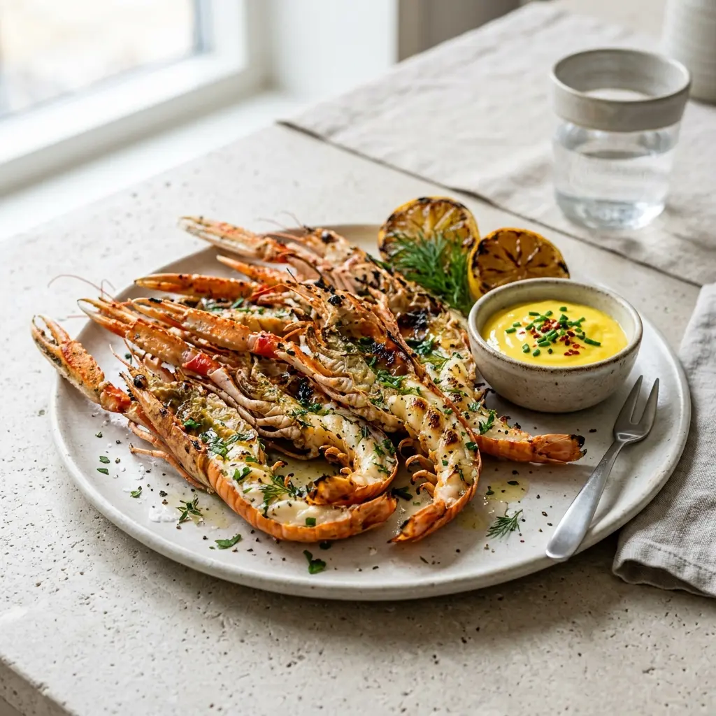 En tallerken med lækre grillede jomfruhummere serveret med friske krydderurter og en citronbåd ved siden af