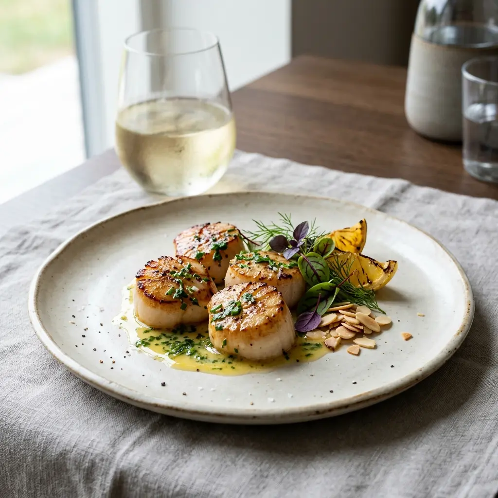 En tallerken med perfekt grillede kammuslinger serveret som en elegant og velsmagende forret