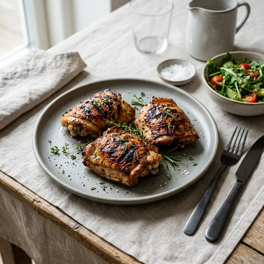 Et fad med lækre grillede kyllingelår med gylden og sprød overflade klar til servering