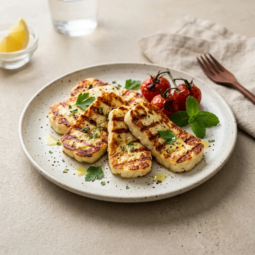 En lækker portion grillet halloumi serveret på en tallerken som et velsmagende og vegetarisk måltid