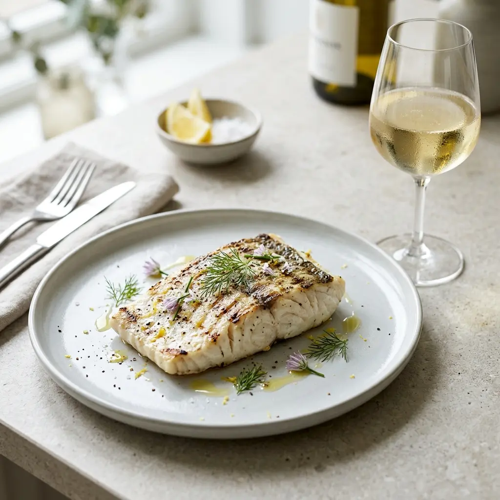 En smukt anrettet tallerken med grillet helleflynder serveret med friske krydderurter og citronbåde
