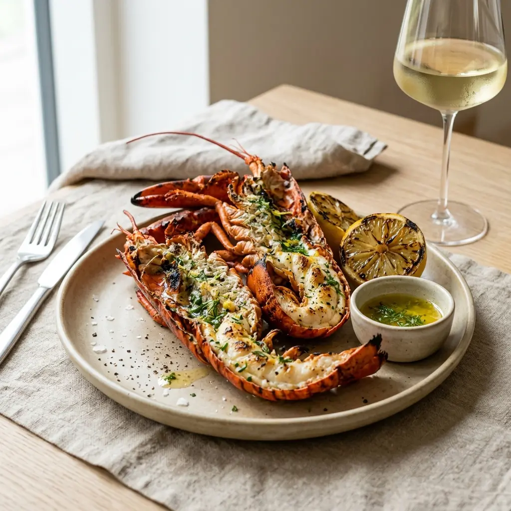 En lækker anretning af grillet hummer serveret med friske krydderurter og en skive citron på tallerkenen