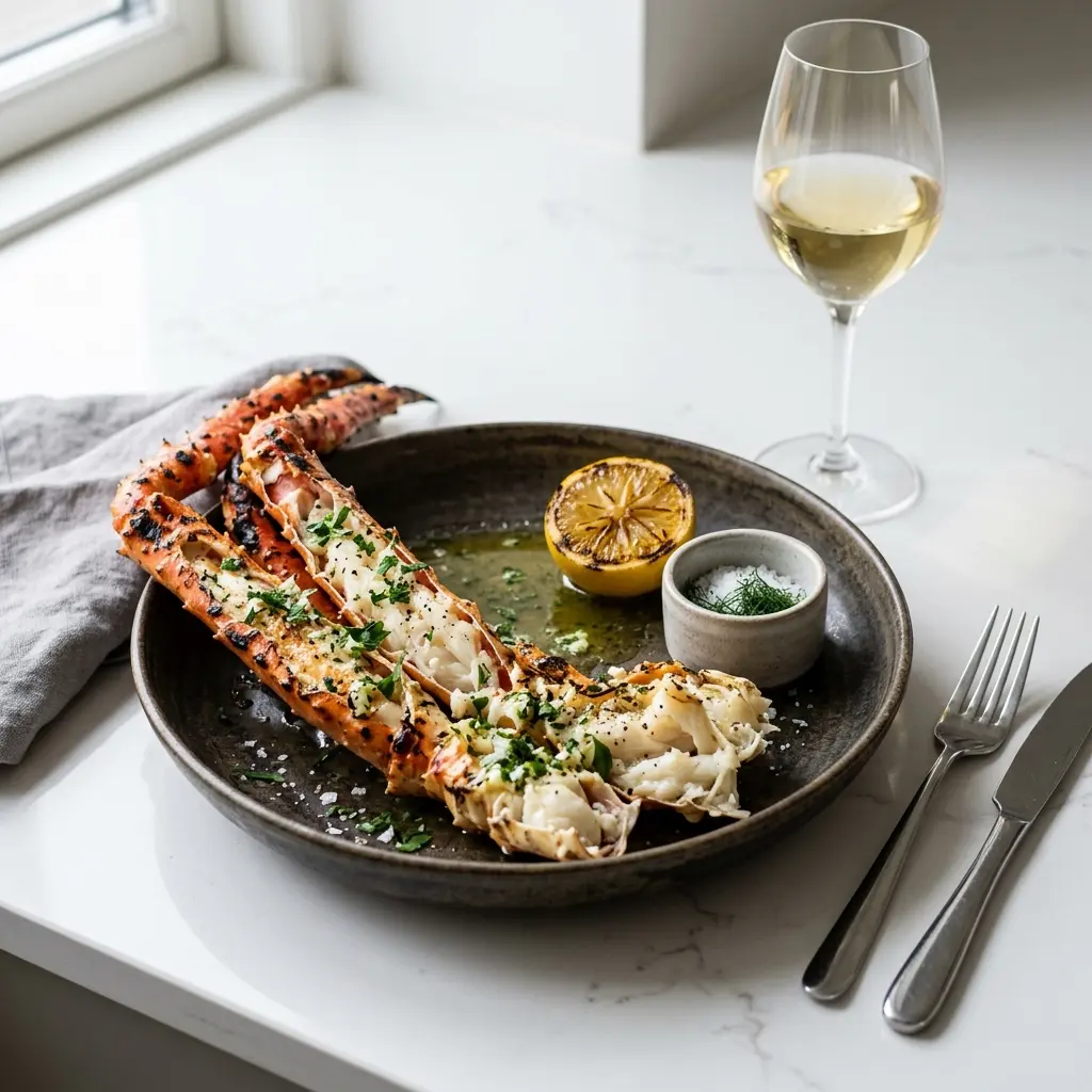 En lækker anretning af grillet kongekrabbe serveret med friske krydderurter og en skive citron på tallerkenen