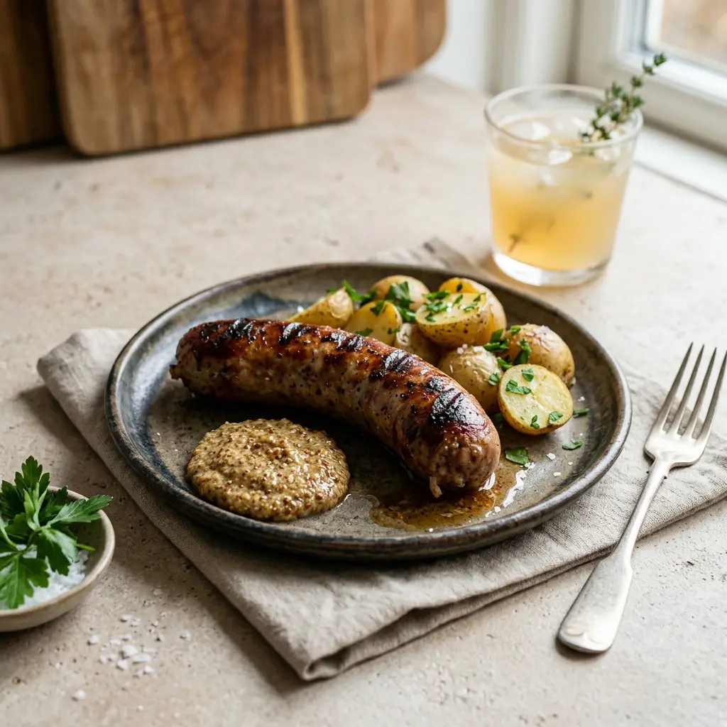 En lækker og saftig grillet medisterpølse serveret på en tallerken klar til at blive spist