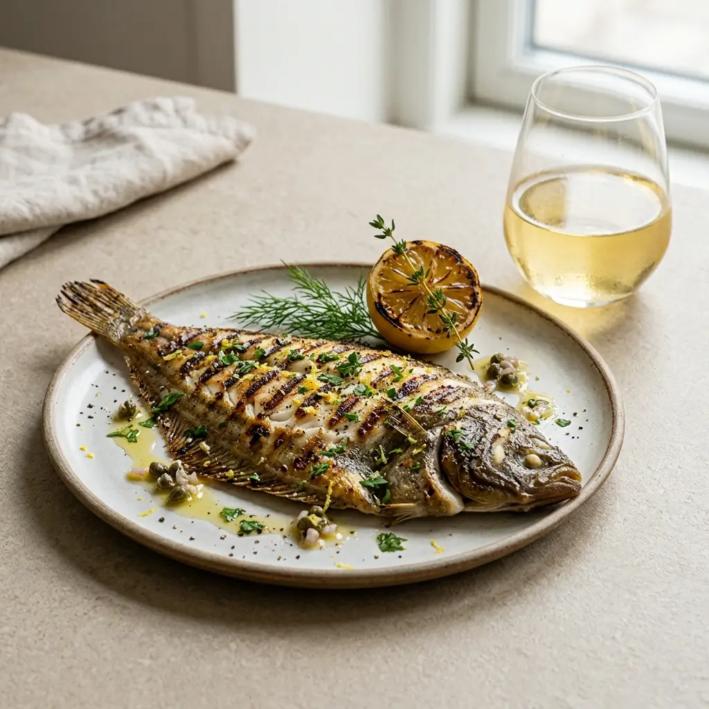 En tallerken med lækker grillet søtunge serveret med friske krydderurter og citron i et køkken