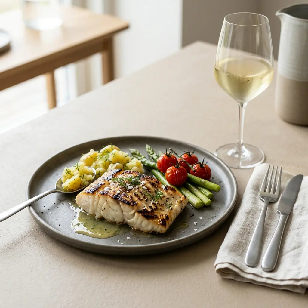 En lækker anretning med grillet torsk serveret med friske krydderurter og sprødt tilbehør på tallerken