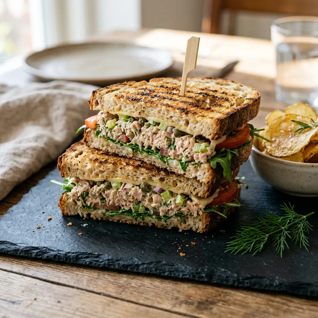 En lækker grillet tunsandwich med sprødt brød og fyldig tuncreme serveret på en lys tallerken