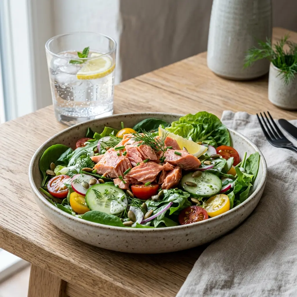 En frisk og farverig grøn salat med varmrøget laks anrettet på en flot tallerken klar til servering