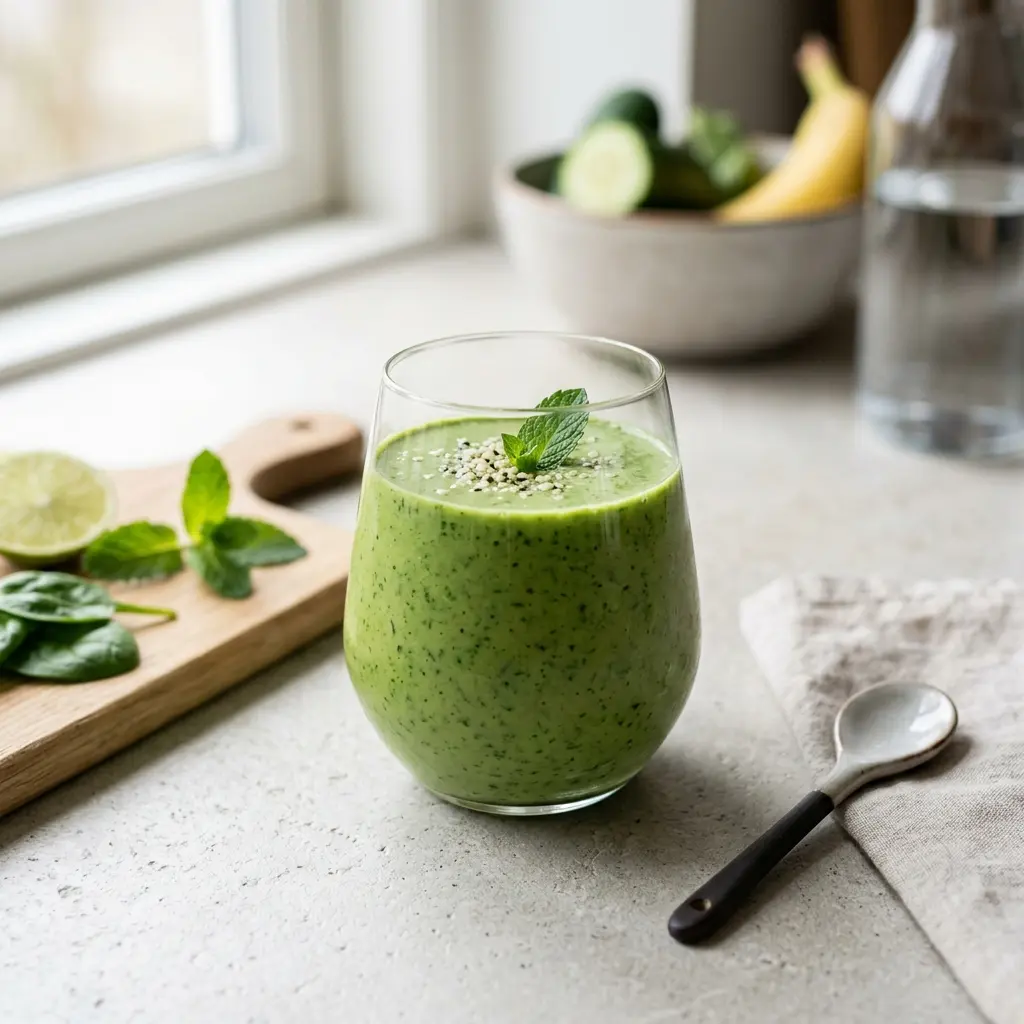 Et glas med en frisk og sund grøn smoothie pyntet med et lille blad på toppen