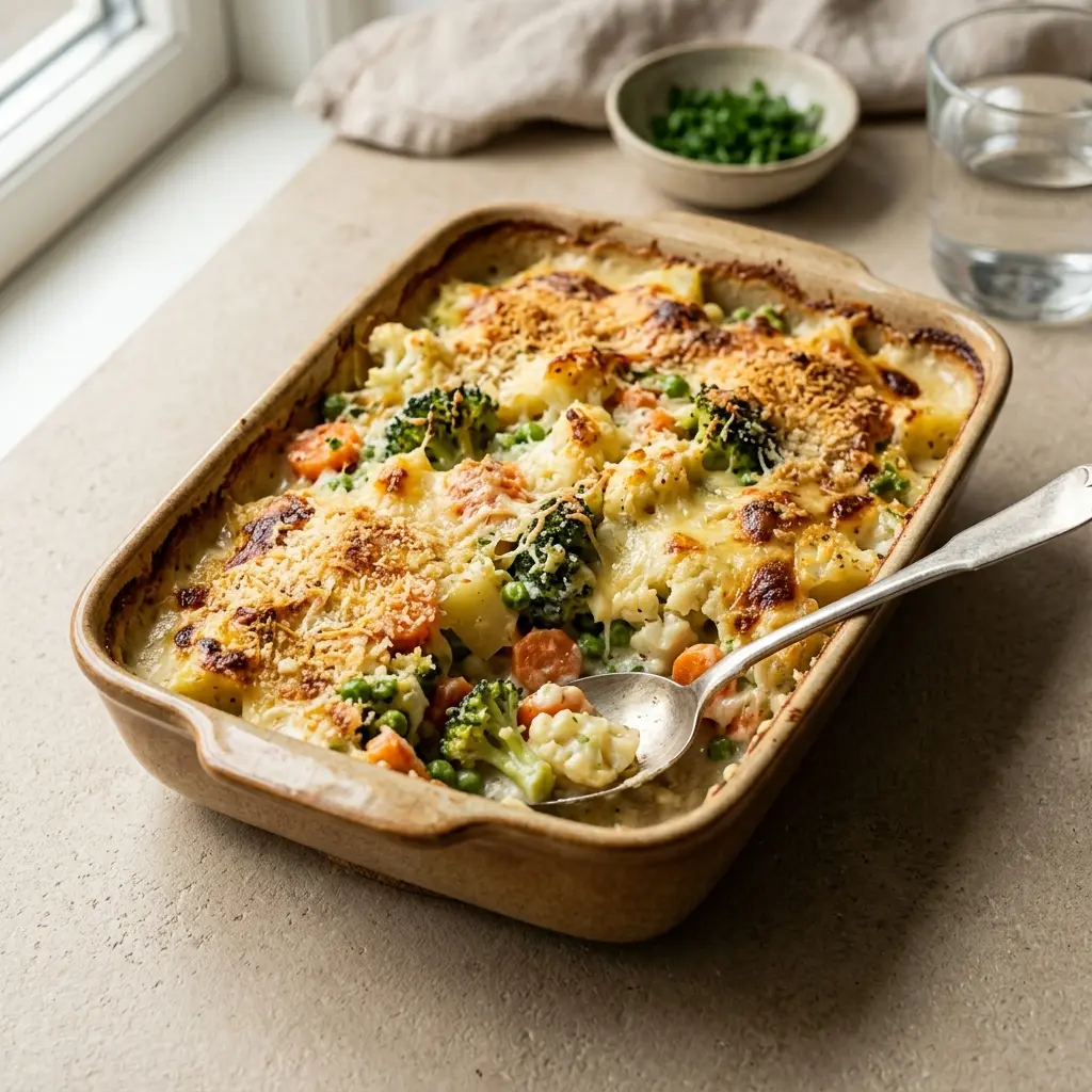 En lækker og gyldenbagt grøntsagsgratin serveret i et ovnfast fad klar til at blive spist