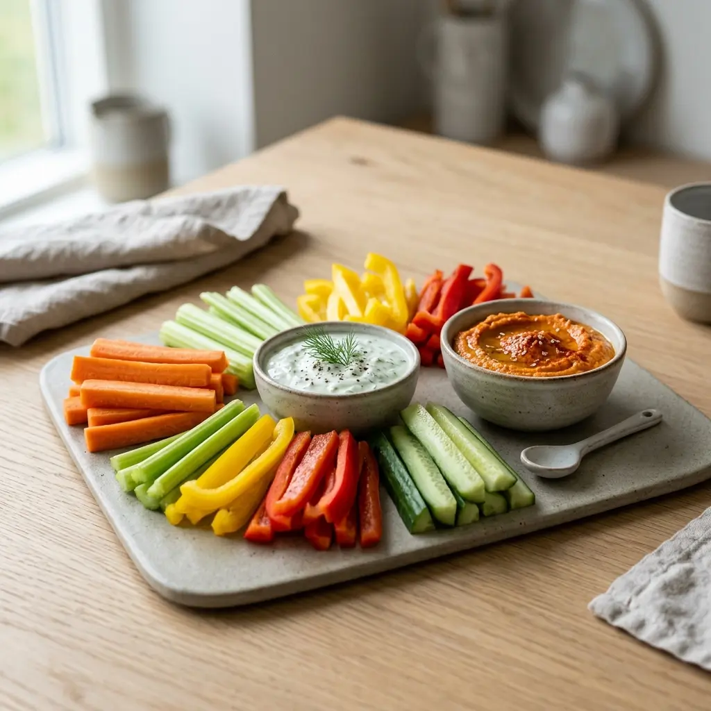 Friske og sprøde grøntsagsstænger anrettet på et fad klar til servering som en sund snack