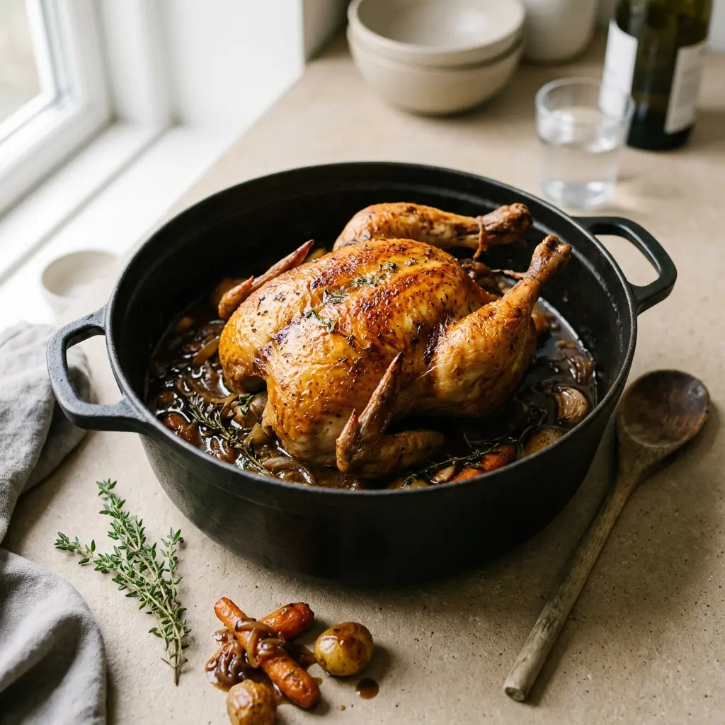 En lækker og mør grydestegt kylling serveret med en cremet og velsmagende sauce i en gryde