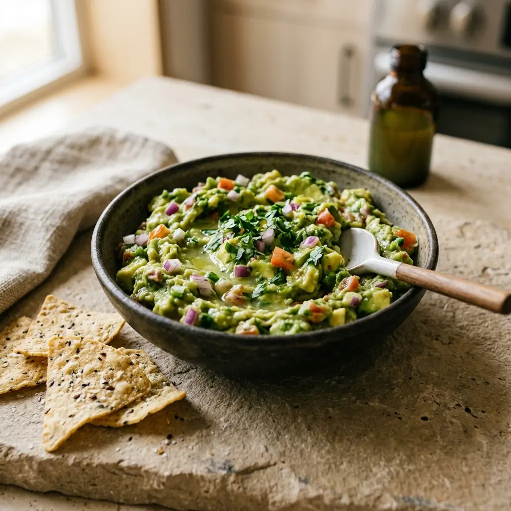 En frisk og cremet hjemmelavet guacamole serveret i en lille skål klar til servering