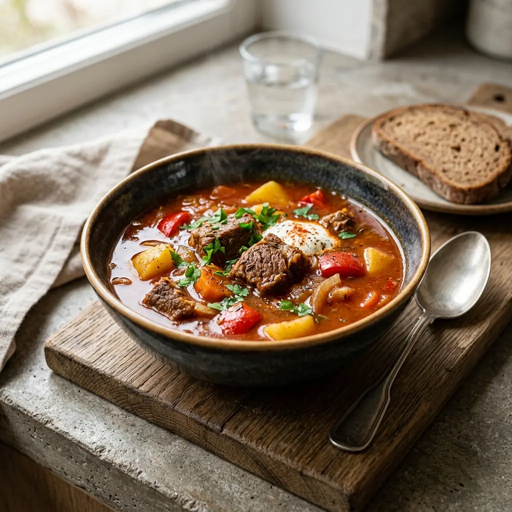 En varm og krydret gulaschsuppe serveret i en dyb tallerken med et drys frisk persille