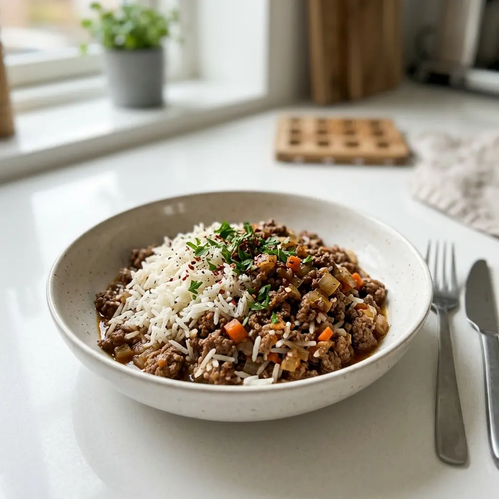 En lækker og mættende portion hakket oksekød med ris serveret i en dyb tallerken til aftensmad