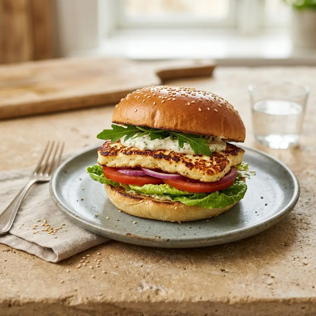 En lækker halloumi burger serveret med sprødt tilbehør på en rustik tallerken klar til servering