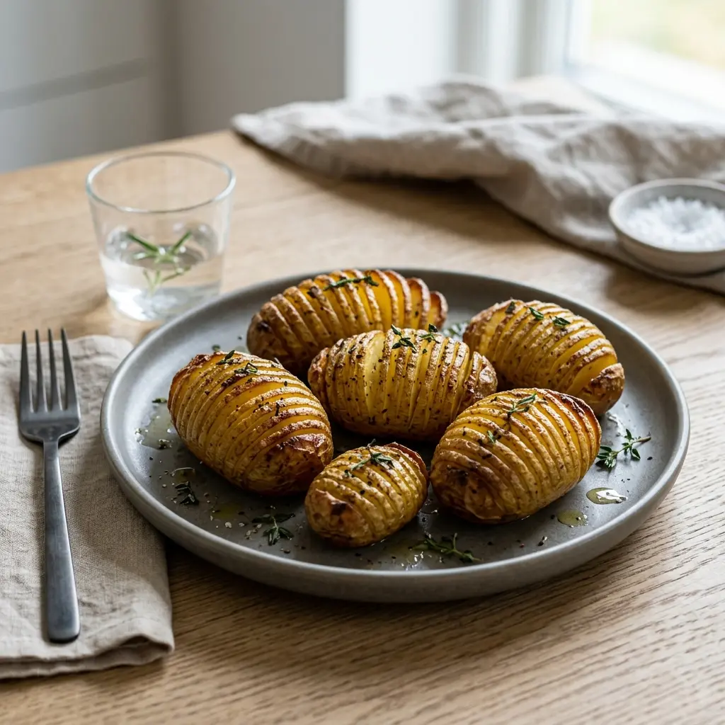 En tallerken med sprøde og gyldne hasselback kartofler i ovn klar til servering som tilbehør