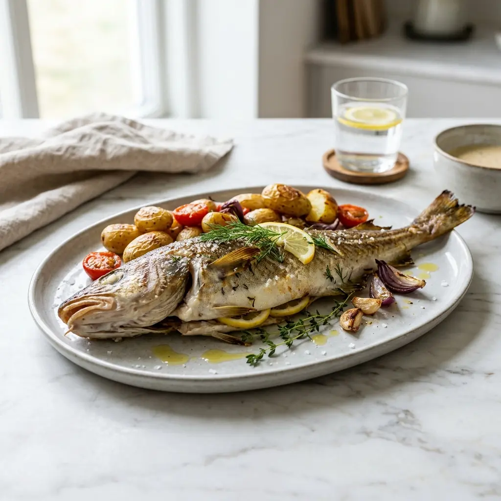 En lækker hel torsk i ovn serveret med friske krydderurter og citron på et fad