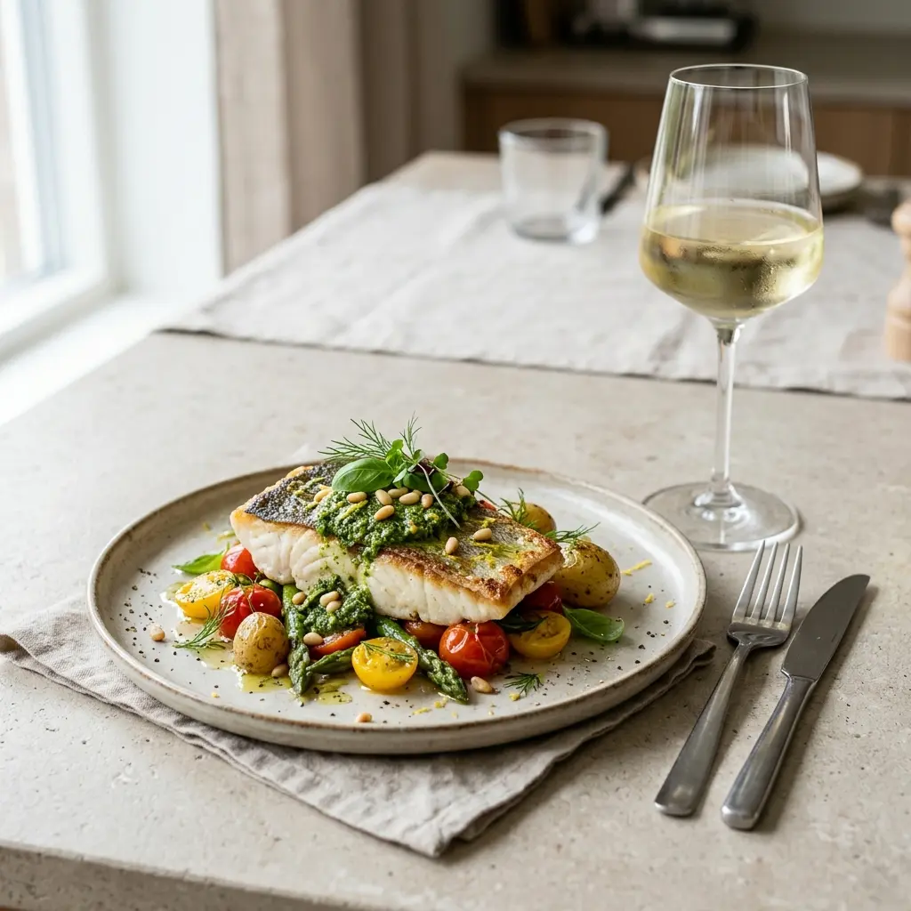 En smukt anrettet tallerken med saftig helleflynder med pesto og friske krydderurter som hovedret
