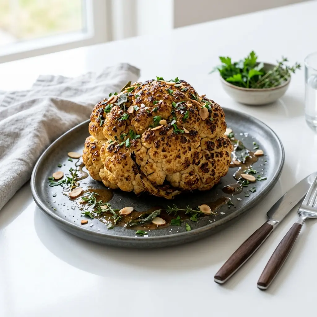 En lækker helstegt blomkål serveret som et smukt og velsmagende vegetarisk måltid på et fad