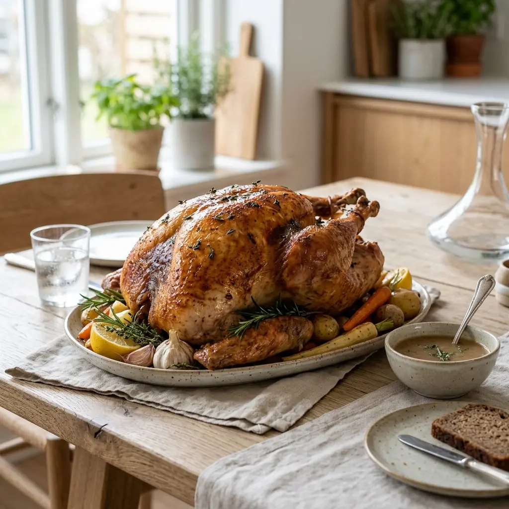 En lækker og gylden helstegt kalkun i ovn serveret på et flot fad til middag