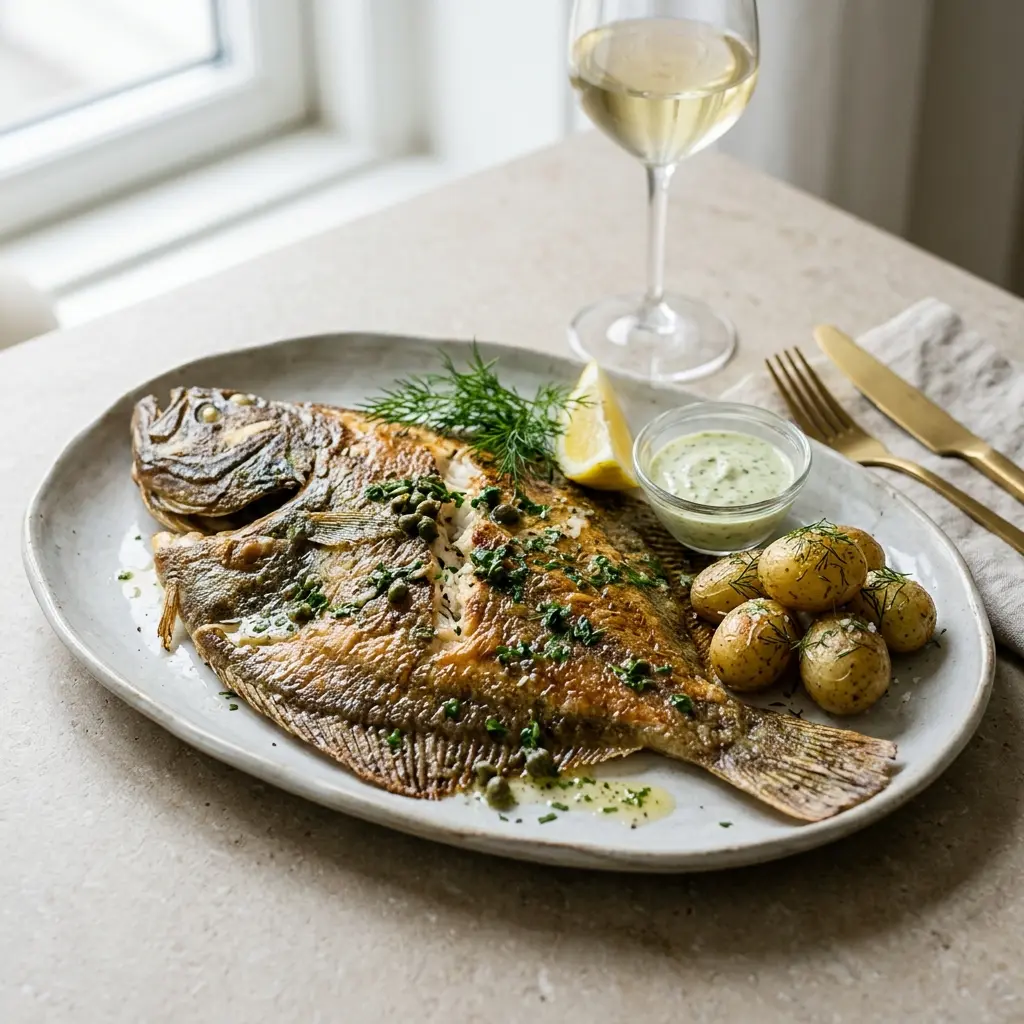 En smukt anrettet helstegt pighvar serveret på et fad klar til servering ved middagsbordet