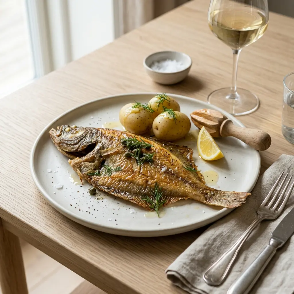 En lækker helstegt rødspætte serveret på en tallerken klar til at blive nydt som aftensmad