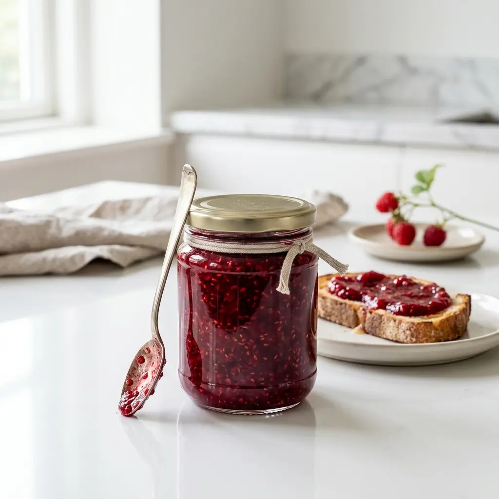 Et glas med hjemmelavet hindbærsyltetøj placeret på et køkkenbord klar til at blive serveret