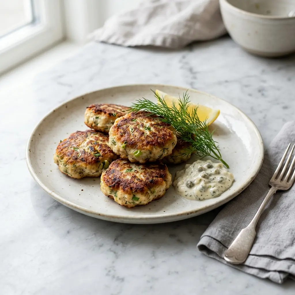 En tallerken med gyldne og sprøde hjemmelavede fiskefrikadeller serveret med citron og frisk dild