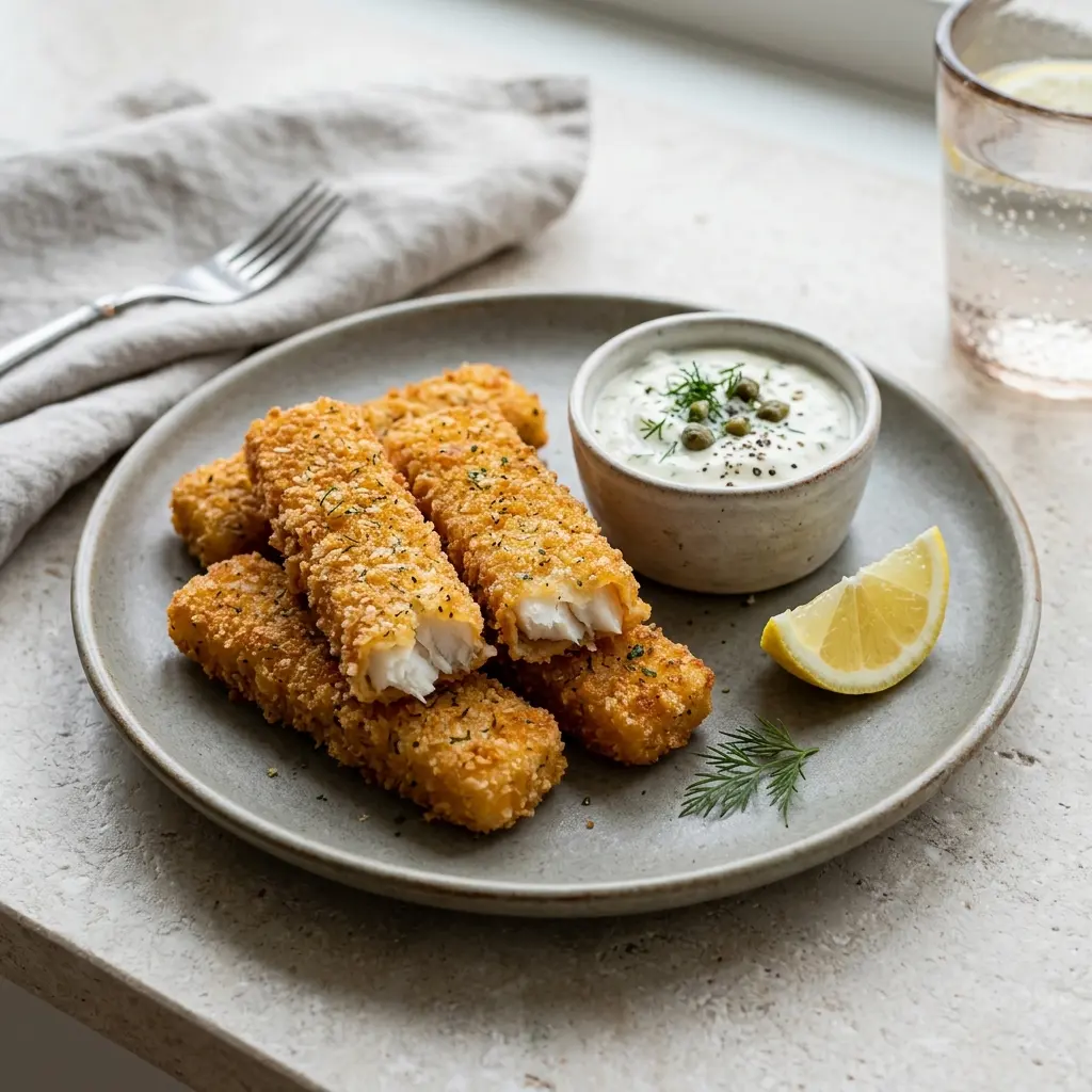 En tallerken med sprøde og gyldne hjemmelavede fiskepinde serveret med en frisk og cremet remoulade