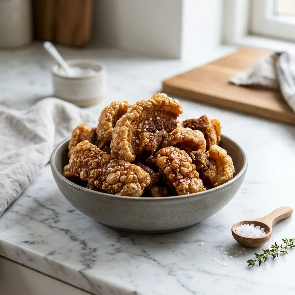 En tallerken med sprøde og gyldne hjemmelavede flæskesvær klar til servering som en lækker snack