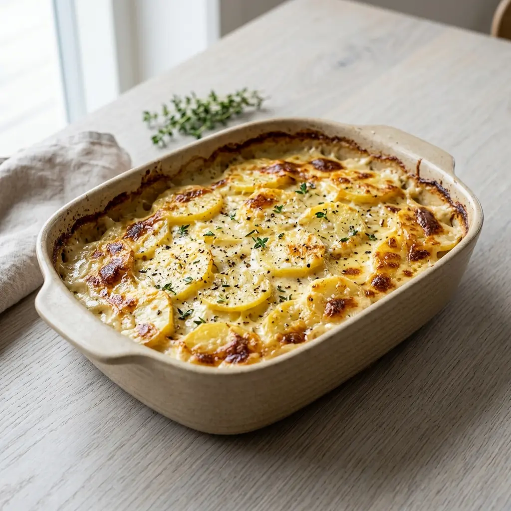 En lækker portion hjemmelavede flødekartofler serveret i et ildfast fad klar til at blive spist