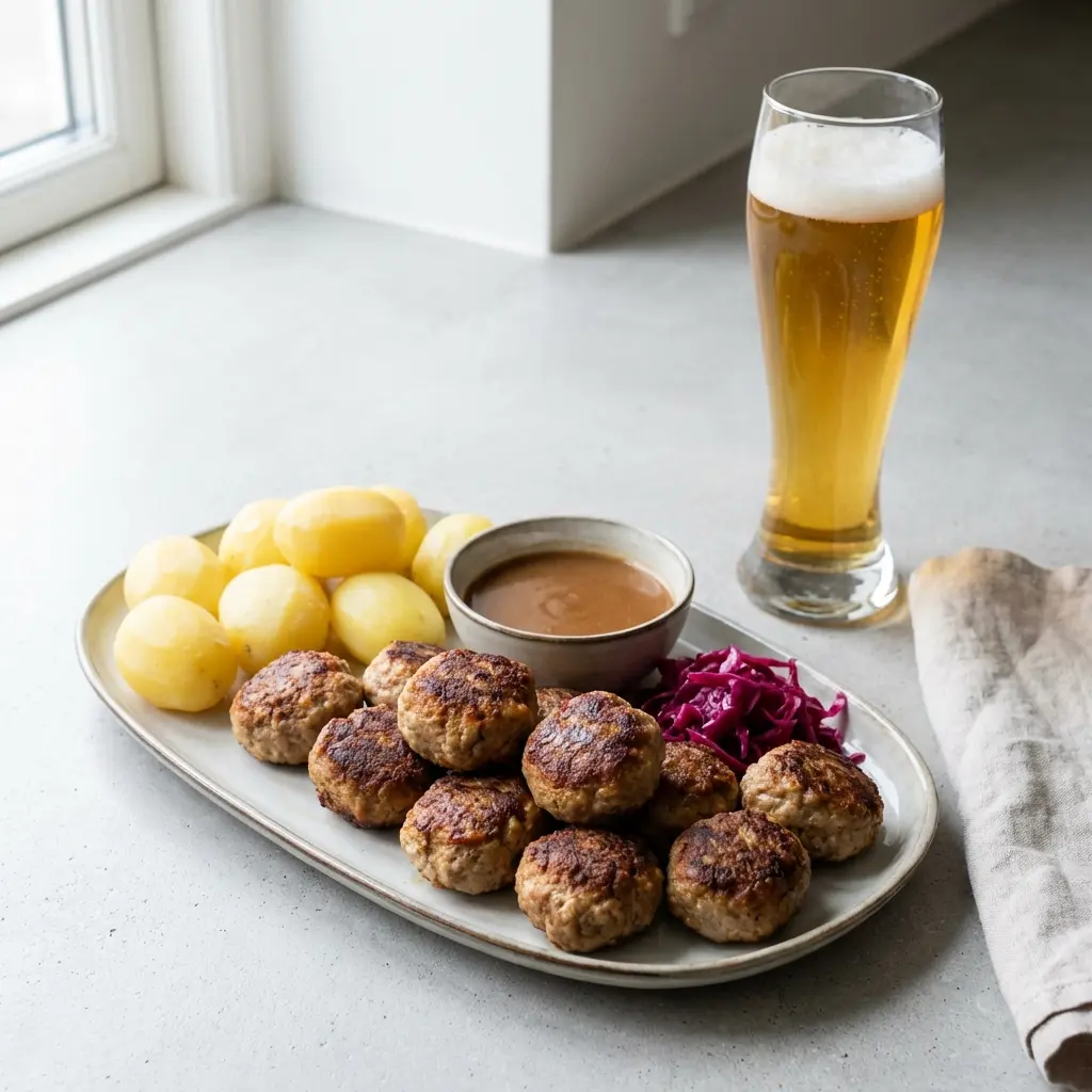 En tallerken med varme hjemmelavede frikadeller serveret med klassisk tilbehør på et lyst køkkenbord