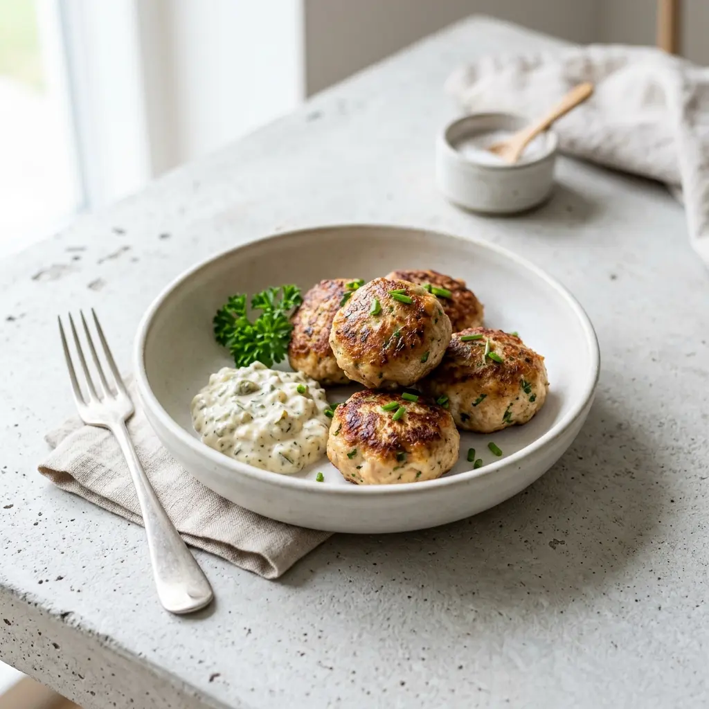 En tallerken med gyldne og saftige hjemmelavede kyllingefrikadeller serveret med friske krydderurter på et køkkenbord